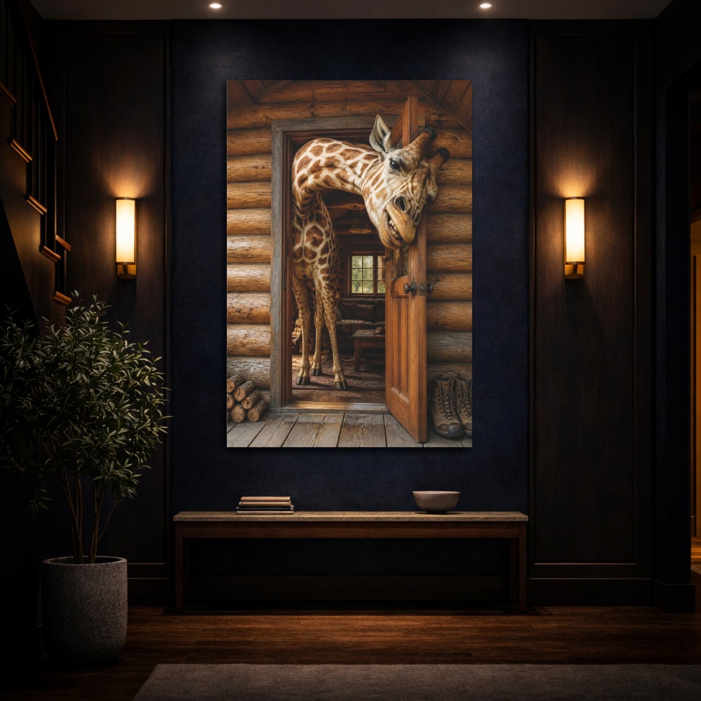Mockup 4. Funny Giraffe In Cabin shown as canvas print