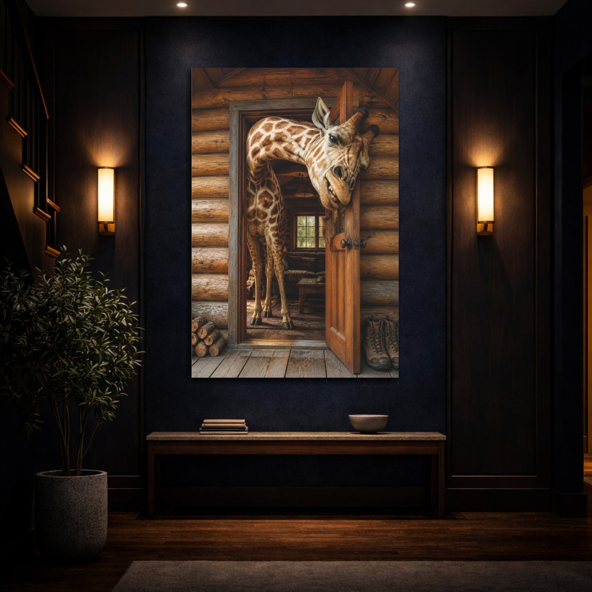 Mockup 4. Funny Giraffe In Cabin shown as canvas print