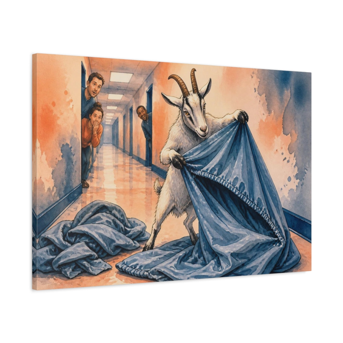 Main Mockup. Funny Goat Folding Sheet shown as canvas print