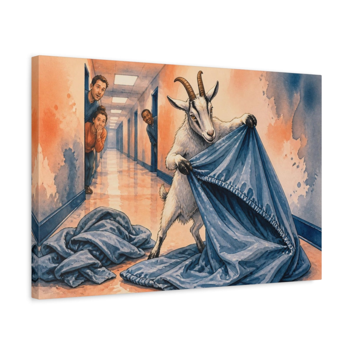 Side Mockup 3. Funny Goat Folding Sheet shown as canvas print