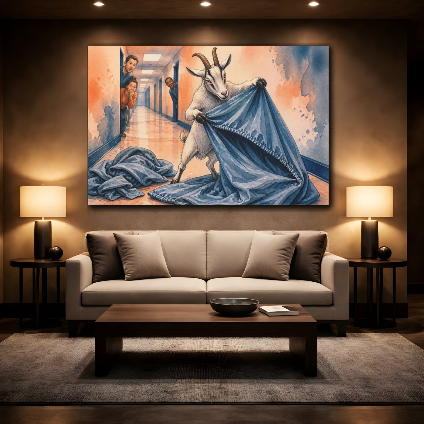 Mockup 2. Funny Goat Folding Sheet shown as canvas print