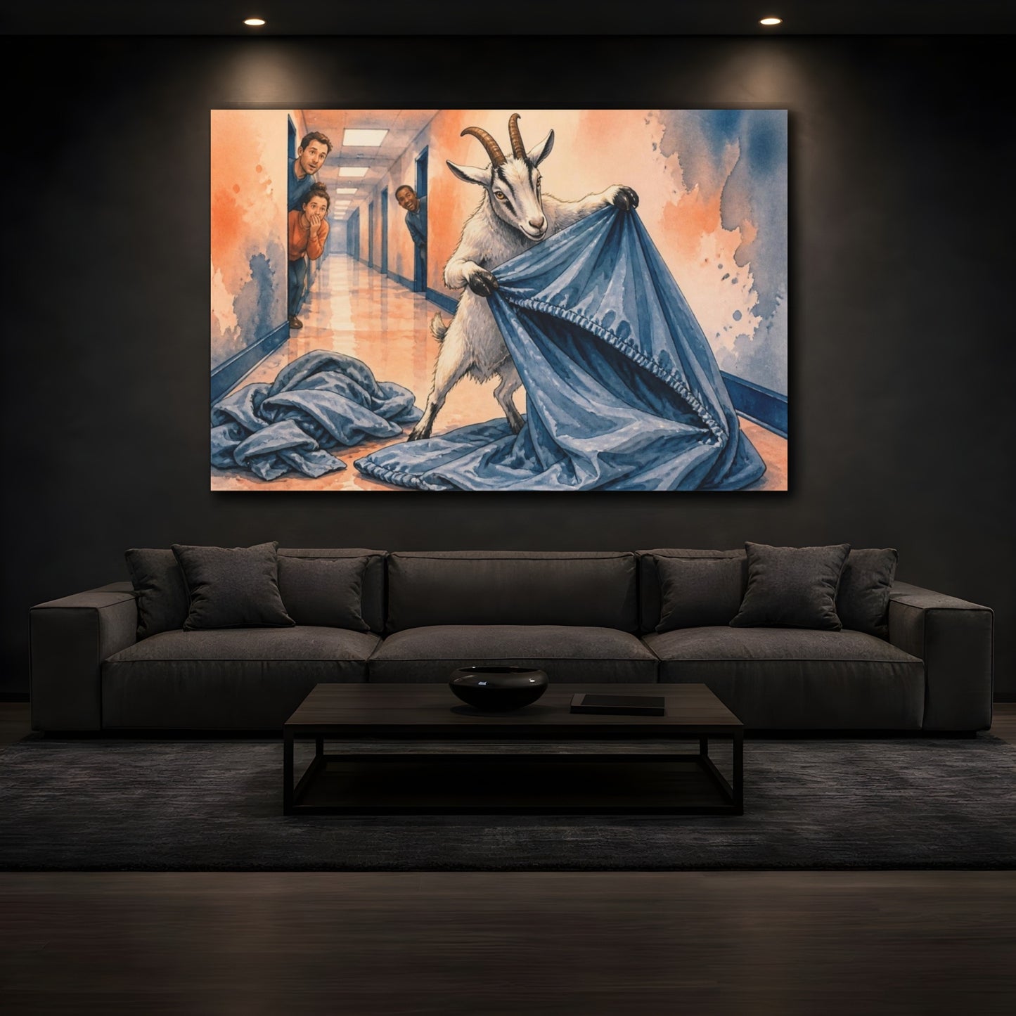 Mockup 3. Funny Goat Folding Sheet shown as canvas print