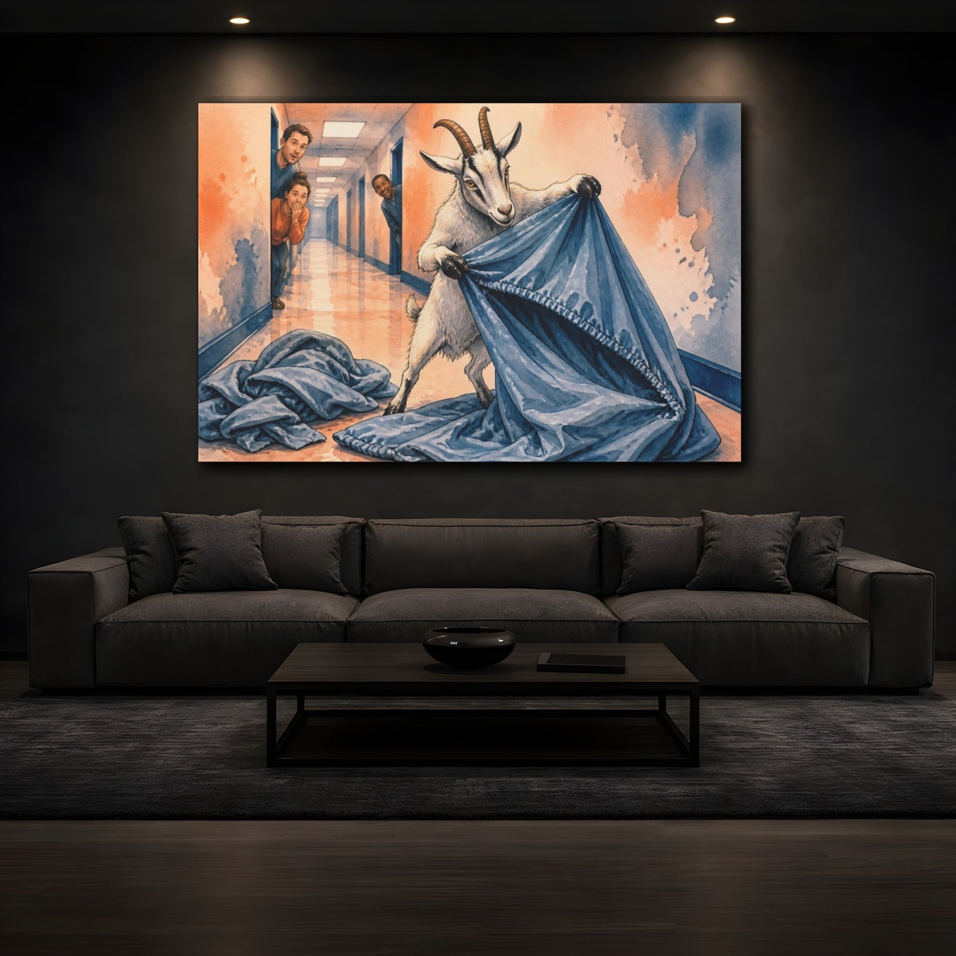 Mockup 3. Funny Goat Folding Sheet shown as canvas print