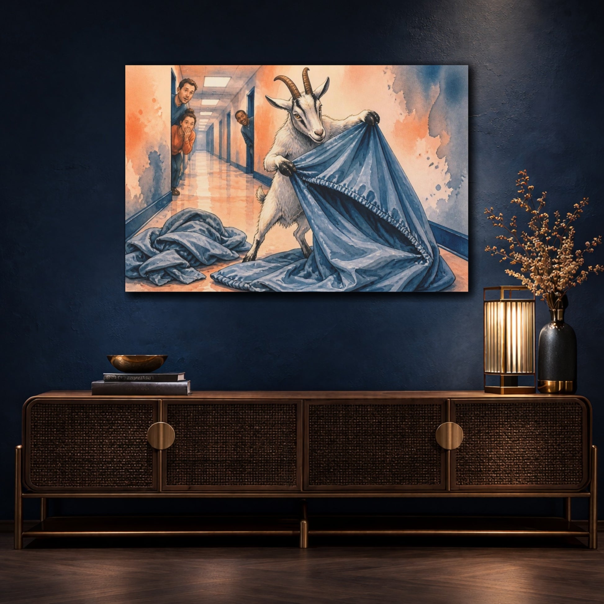 Mockup 4. Funny Goat Folding Sheet shown as canvas print