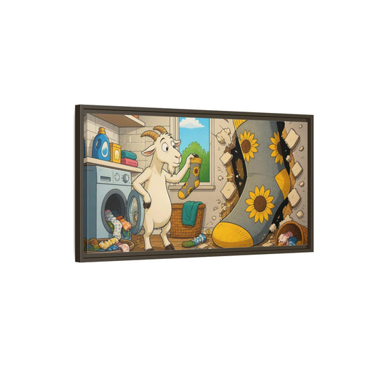Main Mockup. Funny Goat With Sock shown as framed canvas print