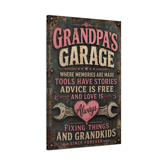 Main Mockup. Funny Grandpa'S Garage Grandpa'S Garage Sign shown as stretched canvas wall art