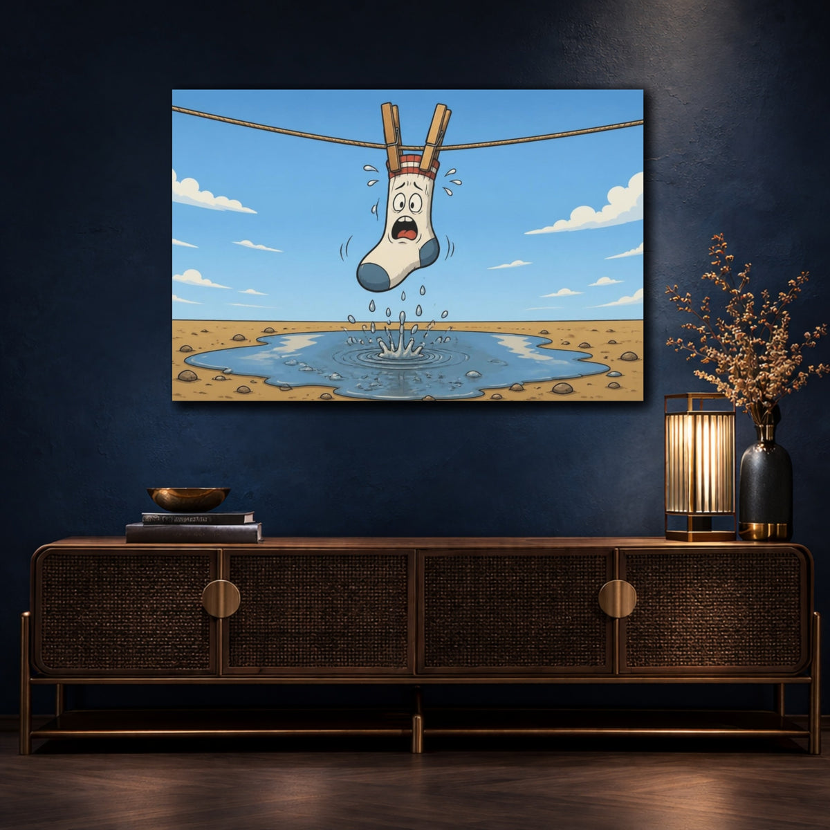 Mockup 4. Funny Hanging Sock shown as canvas print