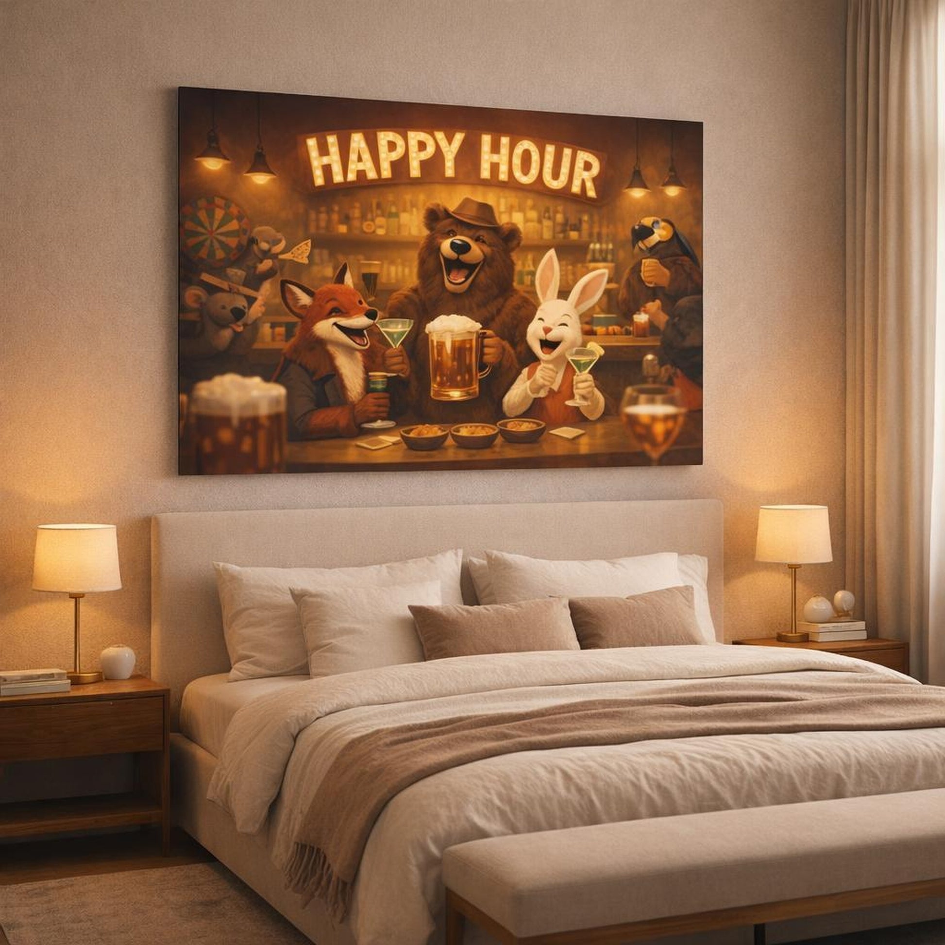 Funny Happy Hour shown as canvas wall art in a luxury bedroom