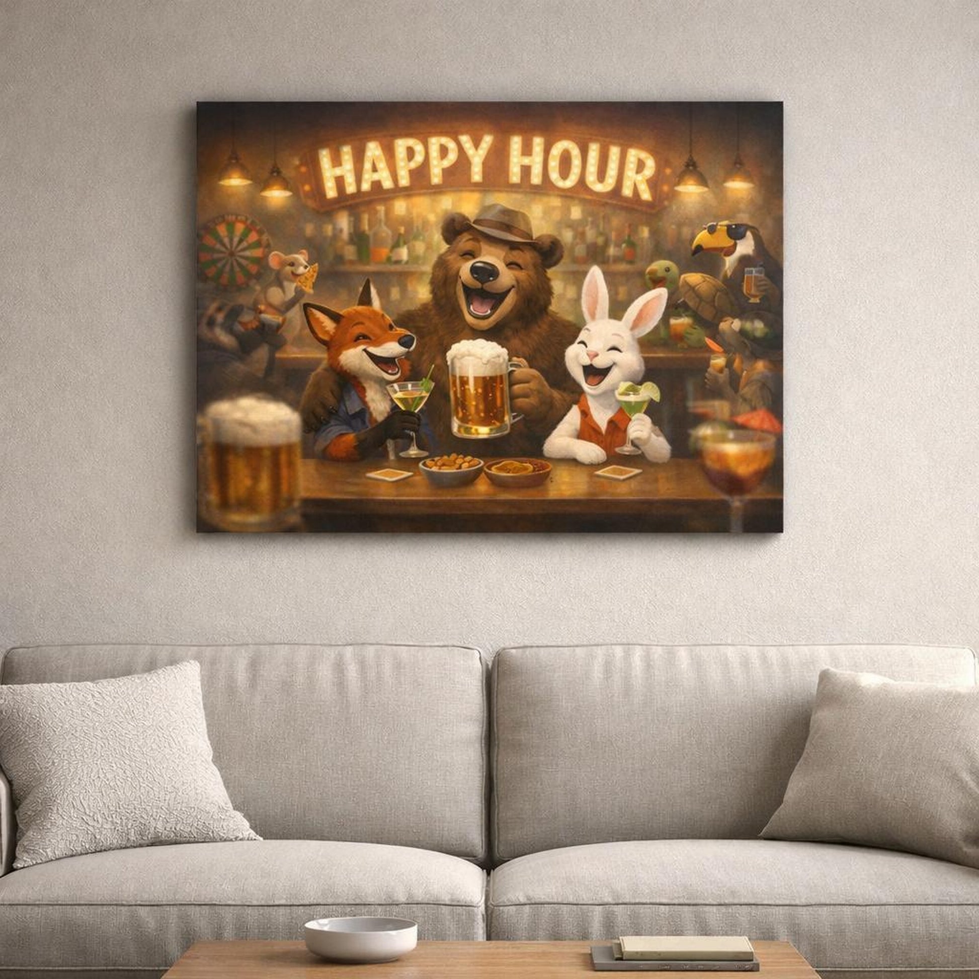 Funny Happy Hour shown as canvas wall art in a luxury executive office