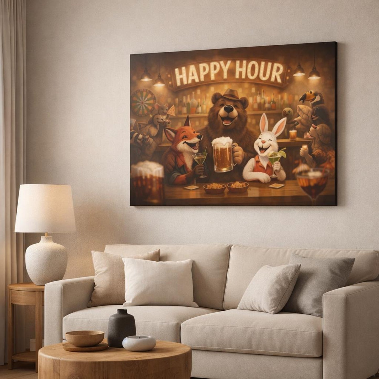 Funny Happy Hour shown as canvas wall art in a modern living room