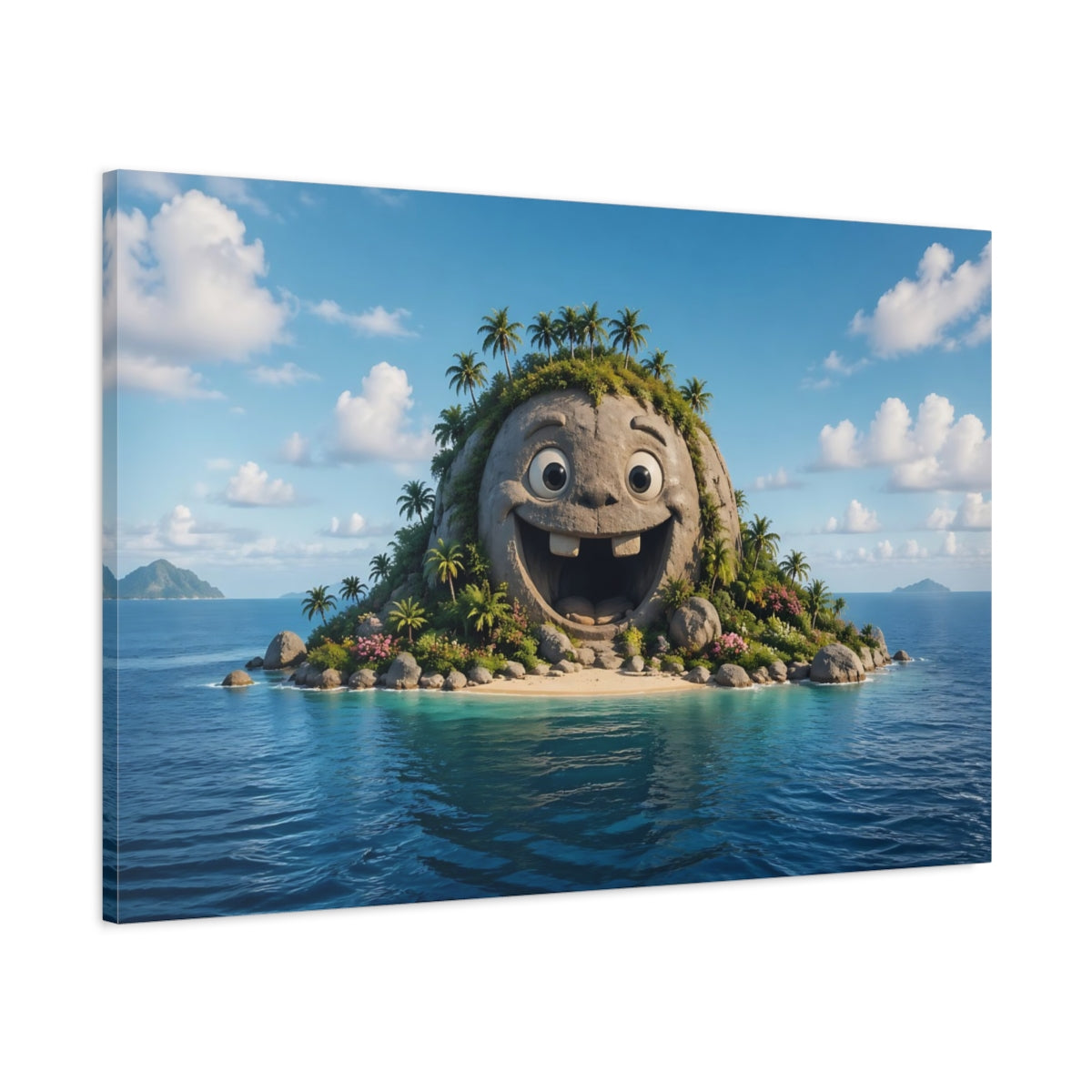 Main Mockup. Funny Happy Island Blue Tropical shown as stretched canvas wall art