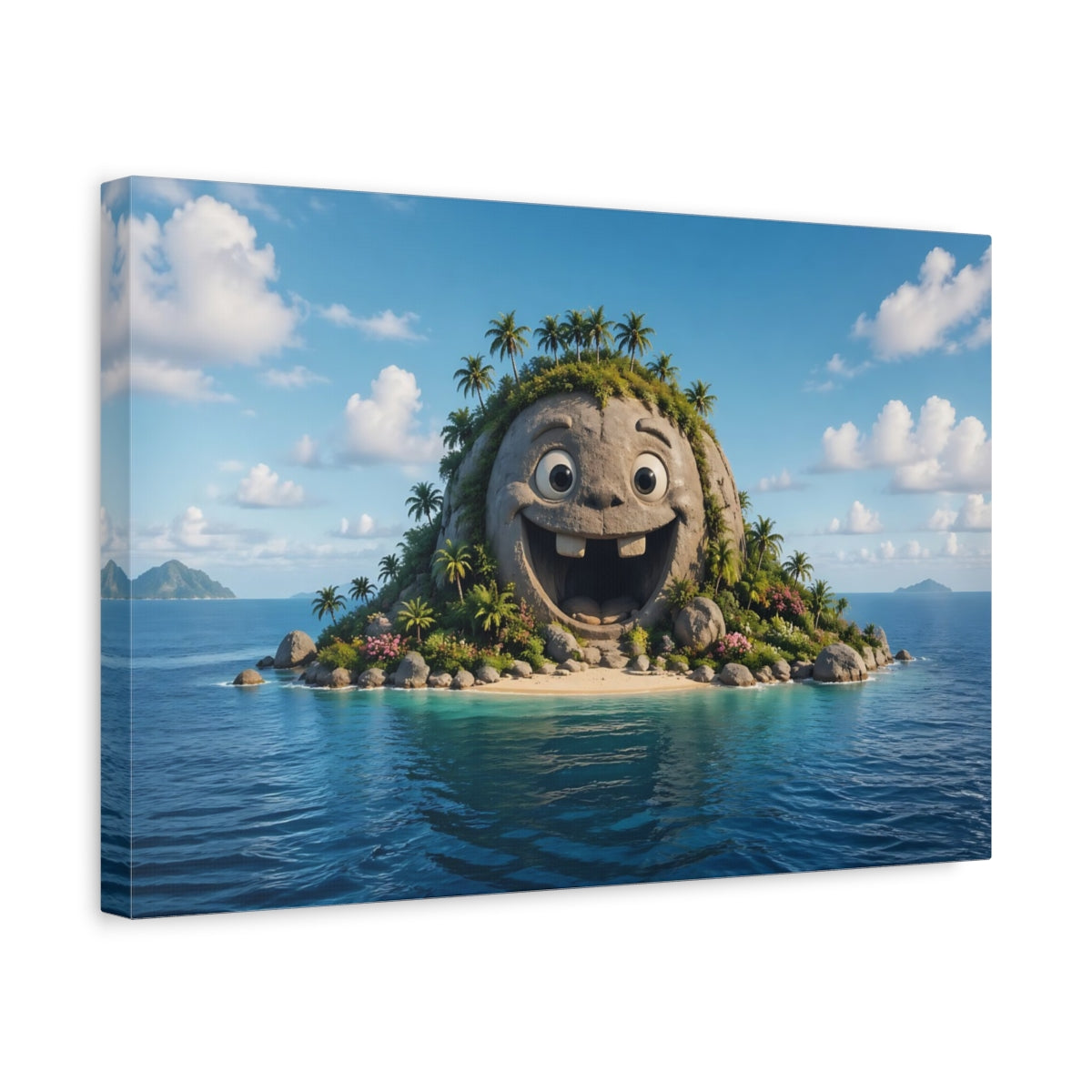 Side Mockup 4. Funny Happy Island Blue Tropical shown as stretched canvas wall art
