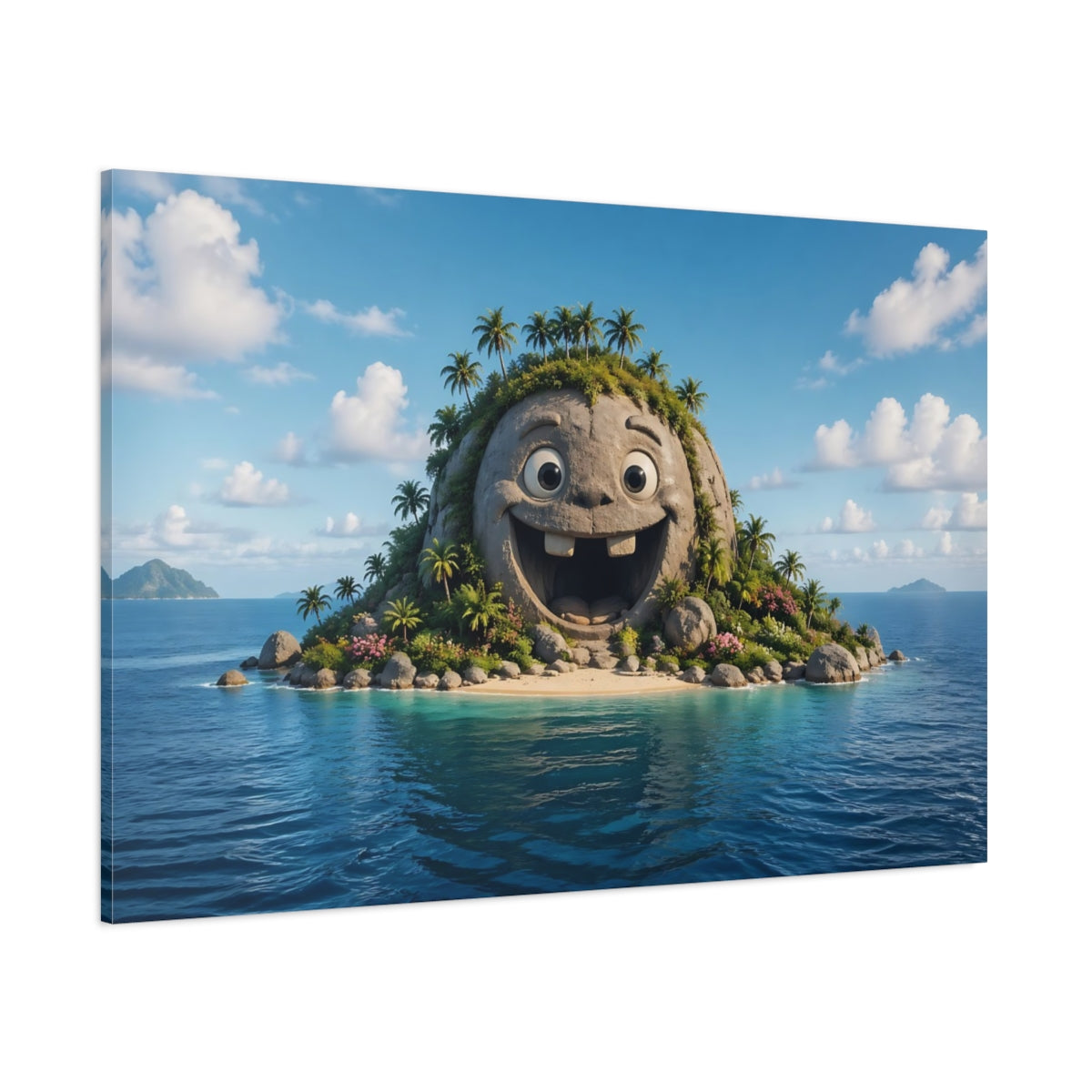 Side Mockup 1. Funny Happy Island Blue Tropical shown as stretched canvas wall art