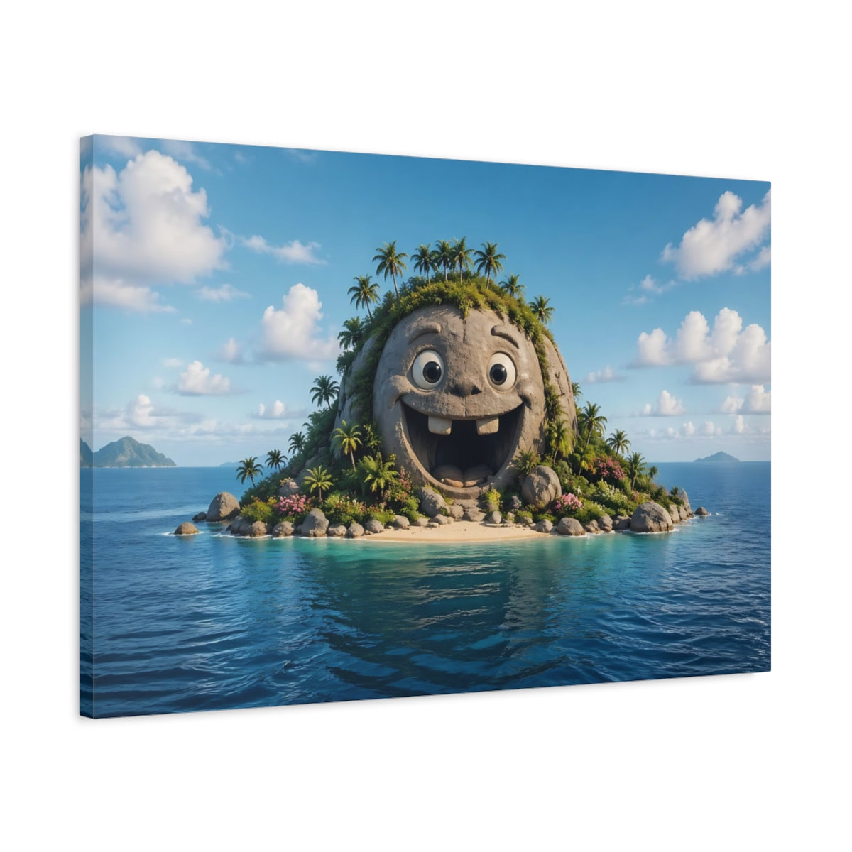 Side Mockup 2. Funny Happy Island Blue Tropical shown as stretched canvas wall art