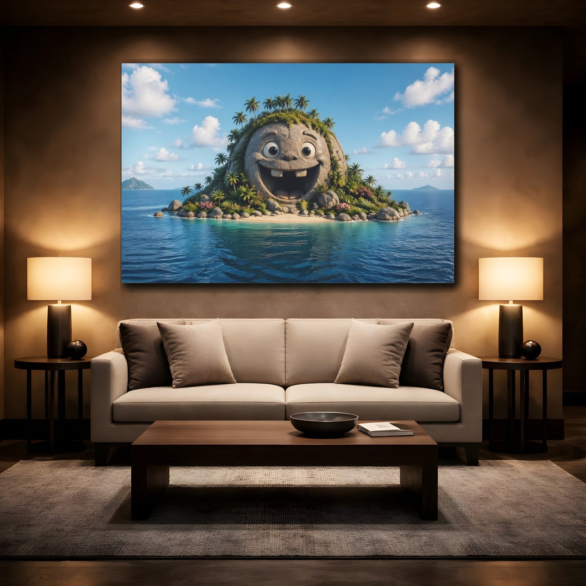 Mockup 2. Funny Happy Island Blue Tropical shown as stretched canvas wall art
