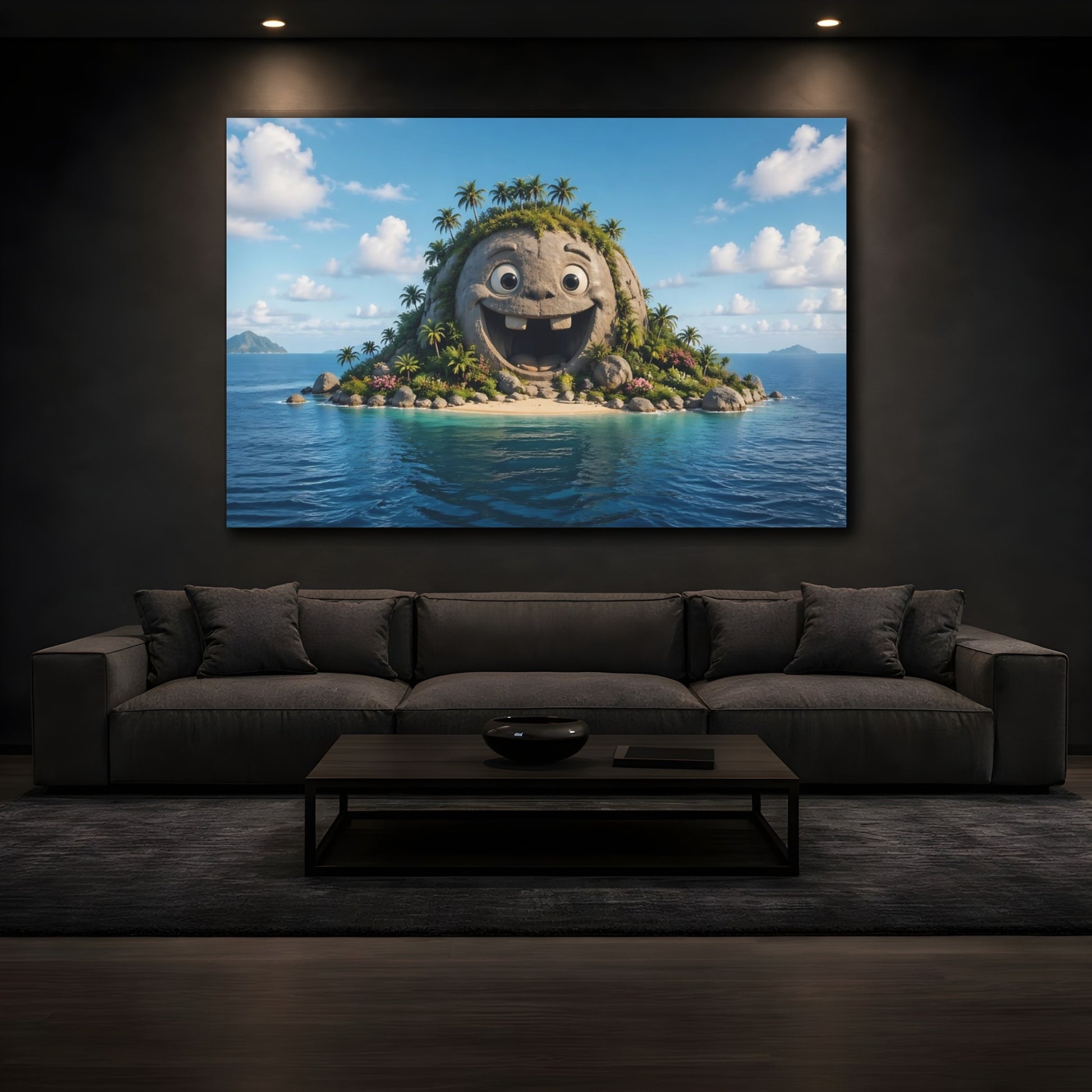 Mockup 3. Funny Happy Island Blue Tropical shown as stretched canvas wall art