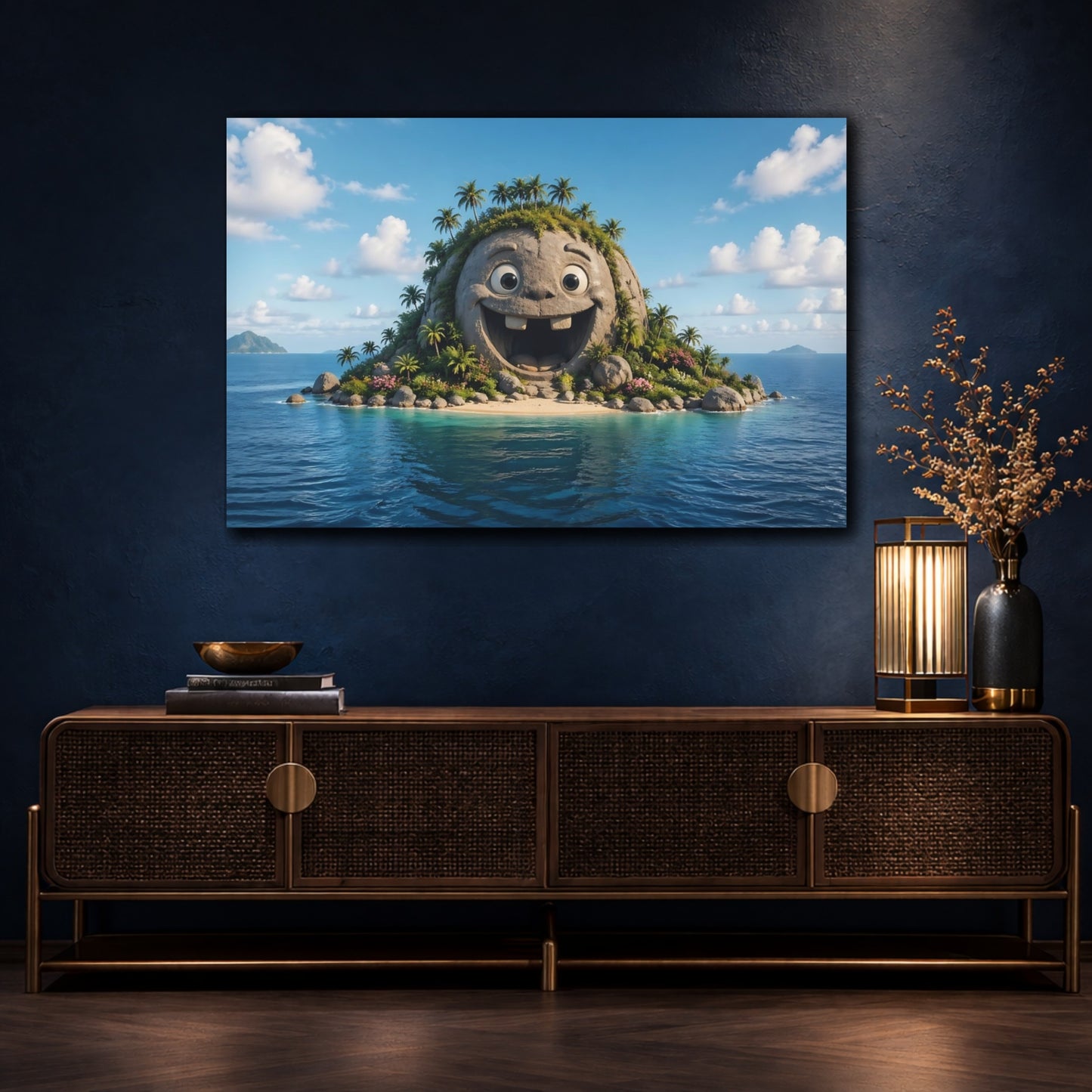 Mockup 4. Funny Happy Island Blue Tropical shown as stretched canvas wall art