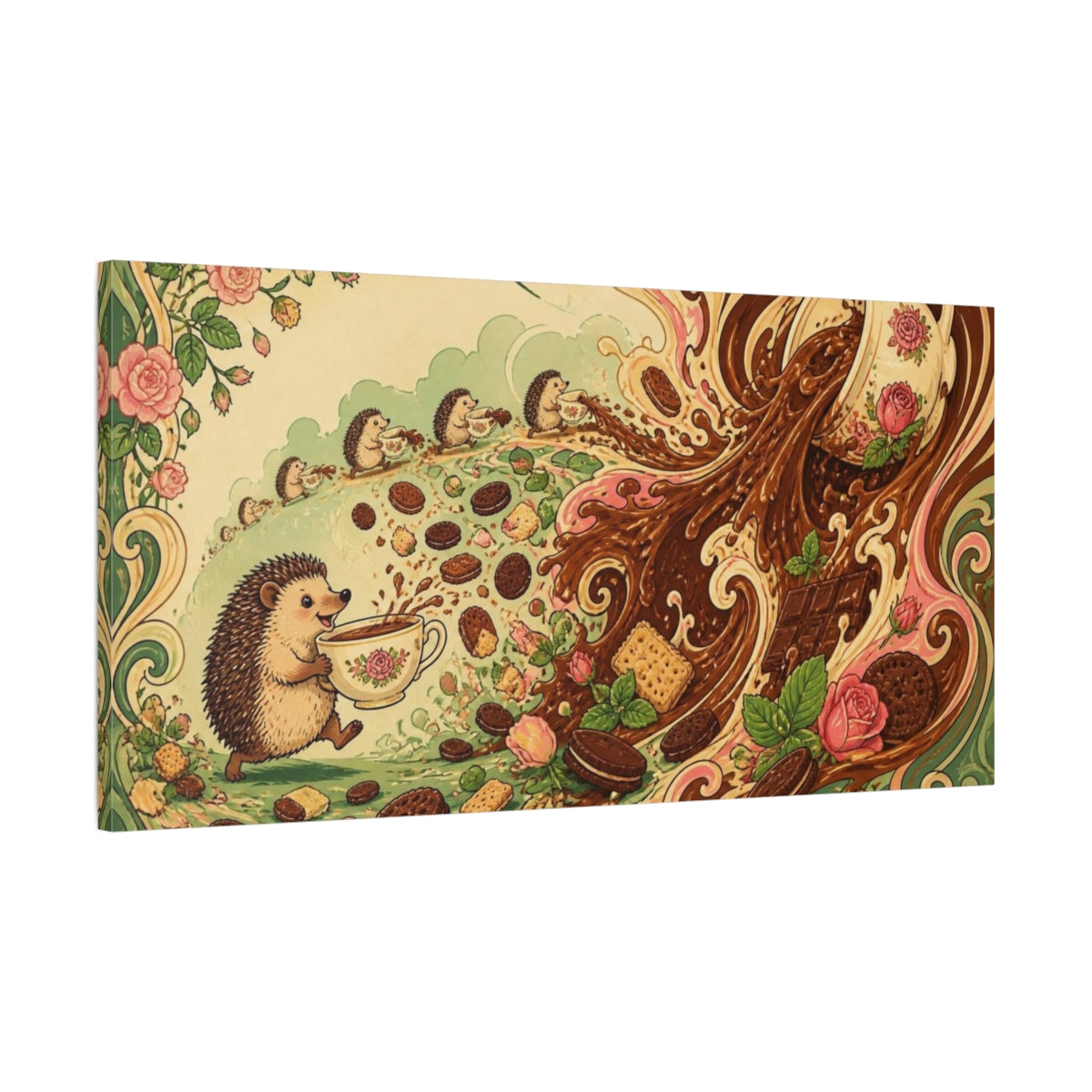 Main Mockup. Funny Hedgehog Tea Parade shown as canvas print