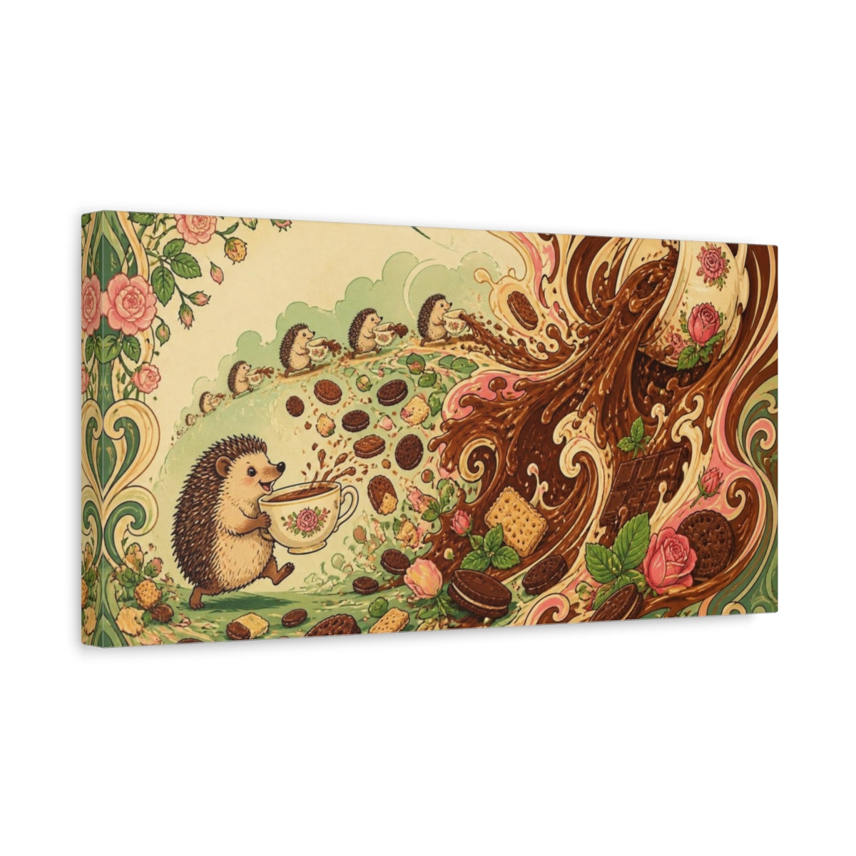 Side Mockup 3. Funny Hedgehog Tea Parade shown as canvas print