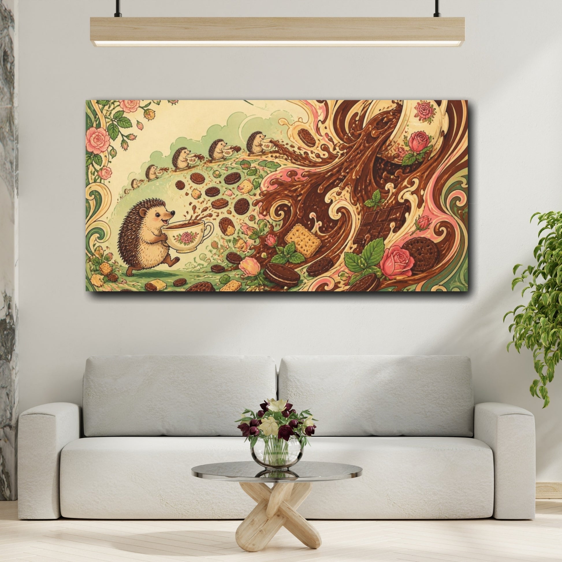 Mockup 2. Funny Hedgehog Tea Parade shown as canvas print