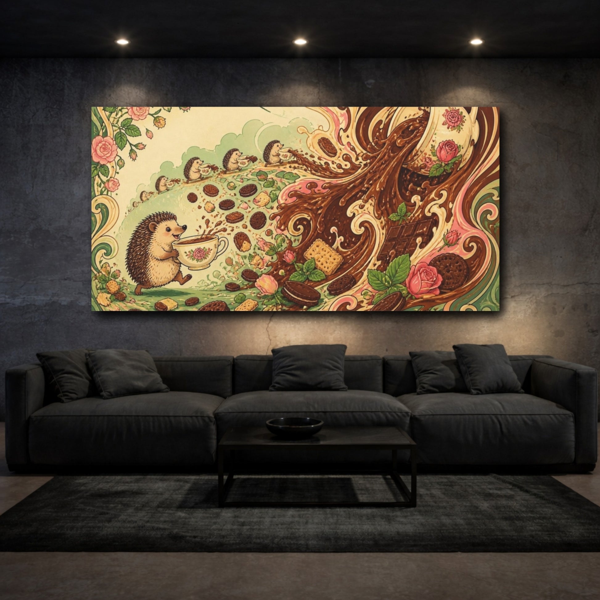 Mockup 3. Funny Hedgehog Tea Parade shown as canvas print
