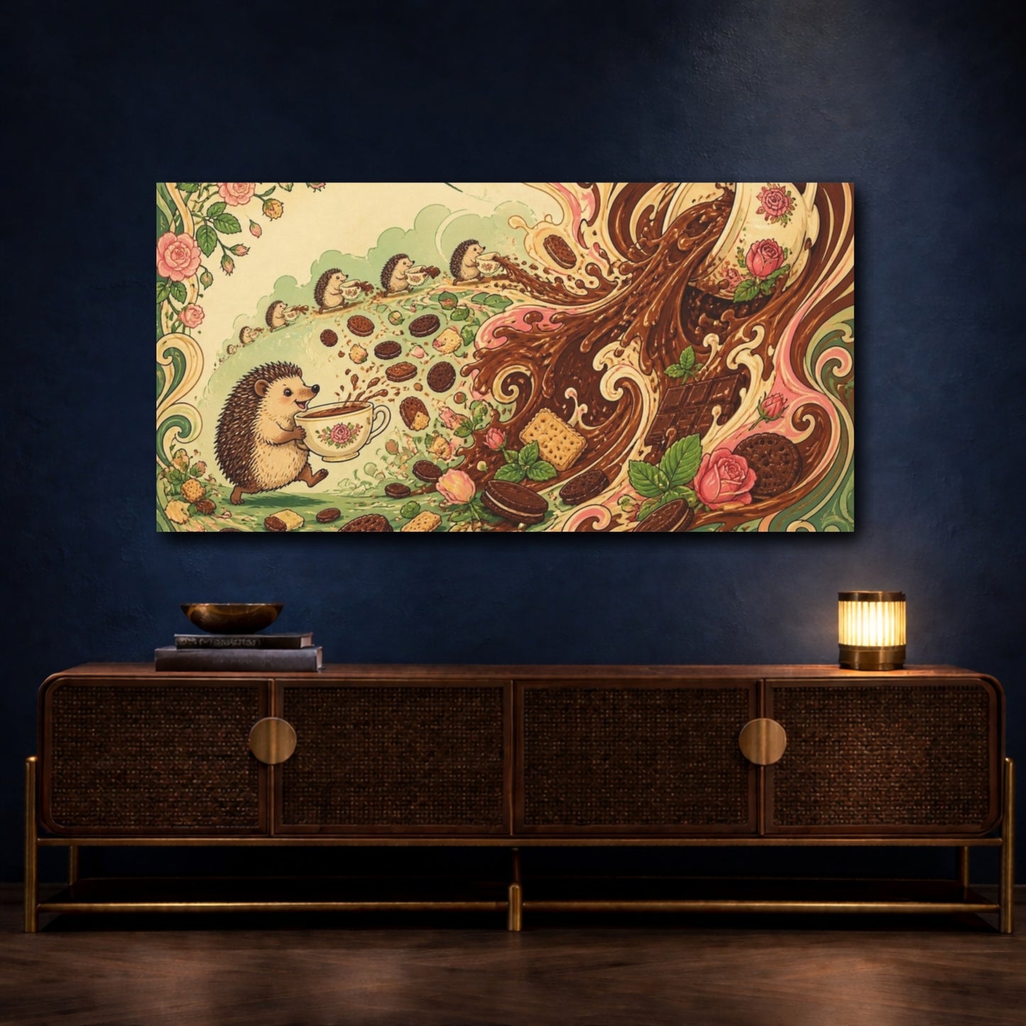 Mockup 4. Funny Hedgehog Tea Parade shown as canvas print
