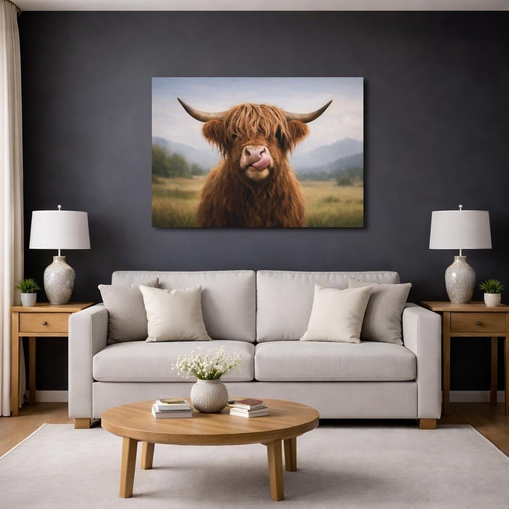 Funny Highland Cow Portrait Animals - Canvas Wall Art Print - YesArtYes