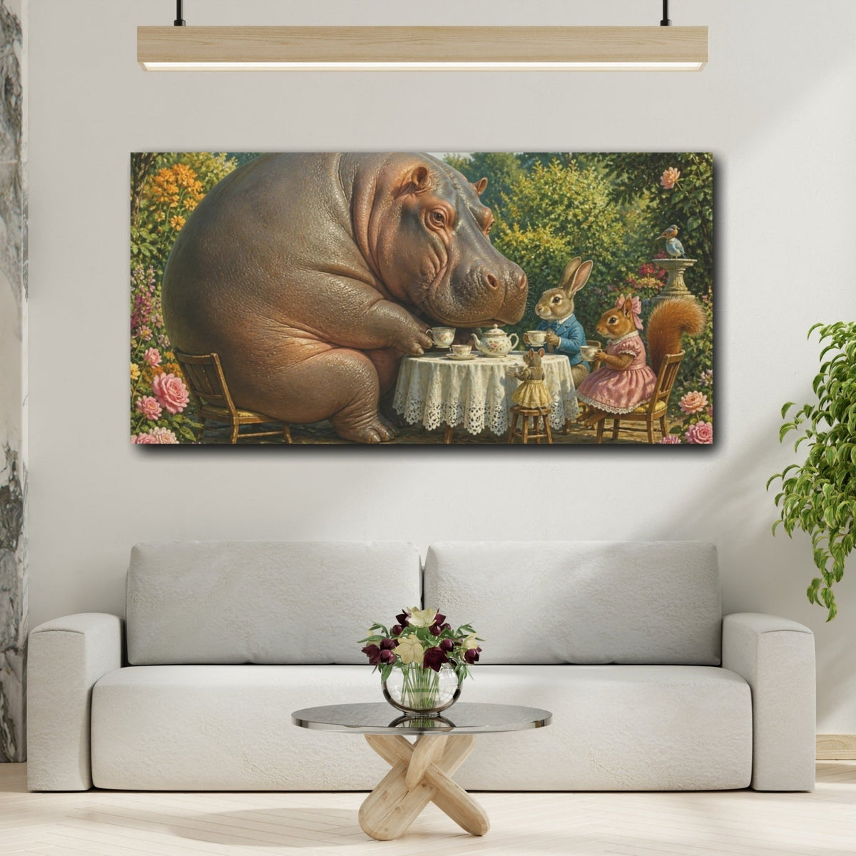 Funny Hippo Tea Party Canvas Print – Kids Room, Above Toy Storage - YesArtYes