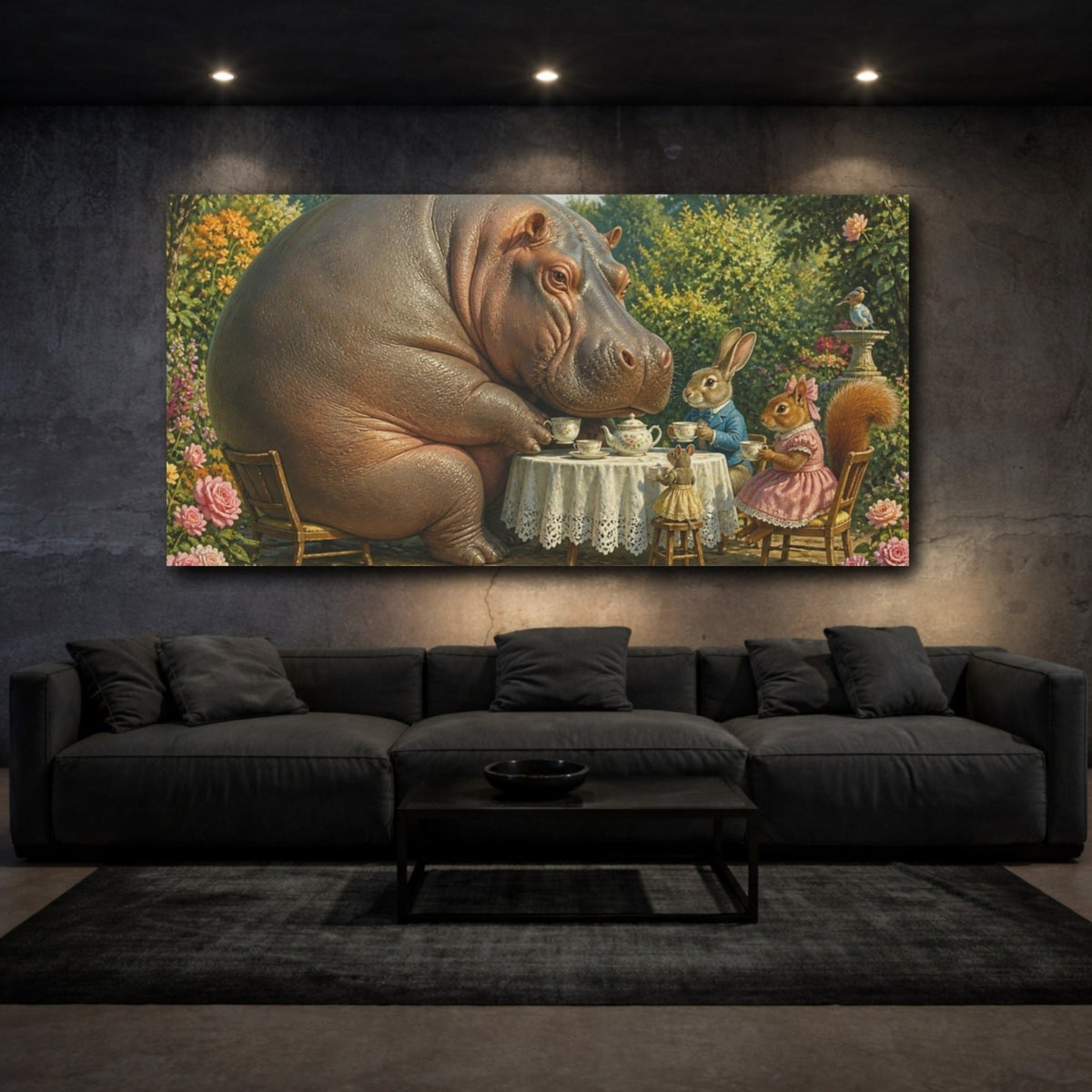 Funny Hippo Tea Party Canvas Print – Kids Room, Above Toy Storage - YesArtYes