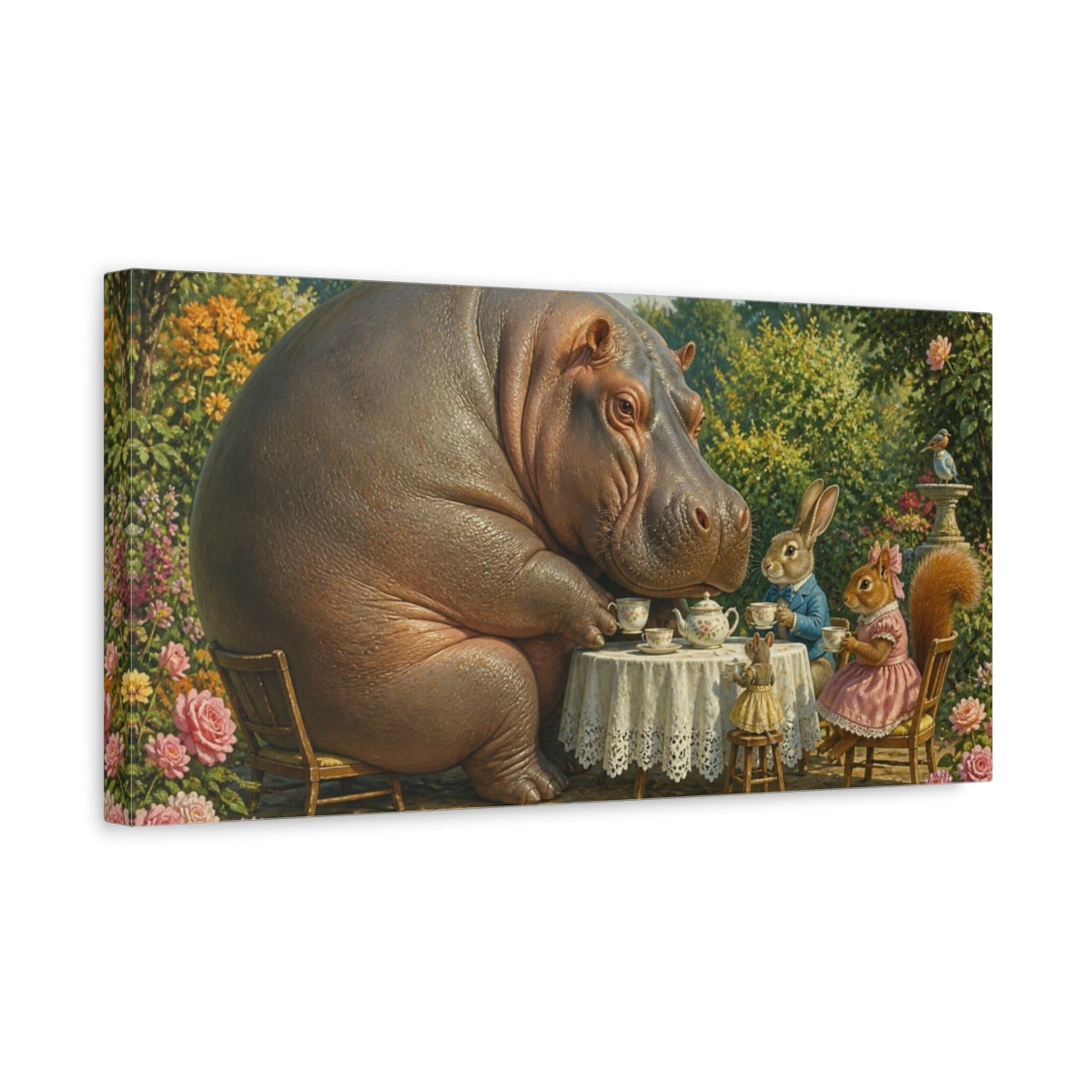 Side Mockup 3. Funny Hippo Tea Party shown as canvas print