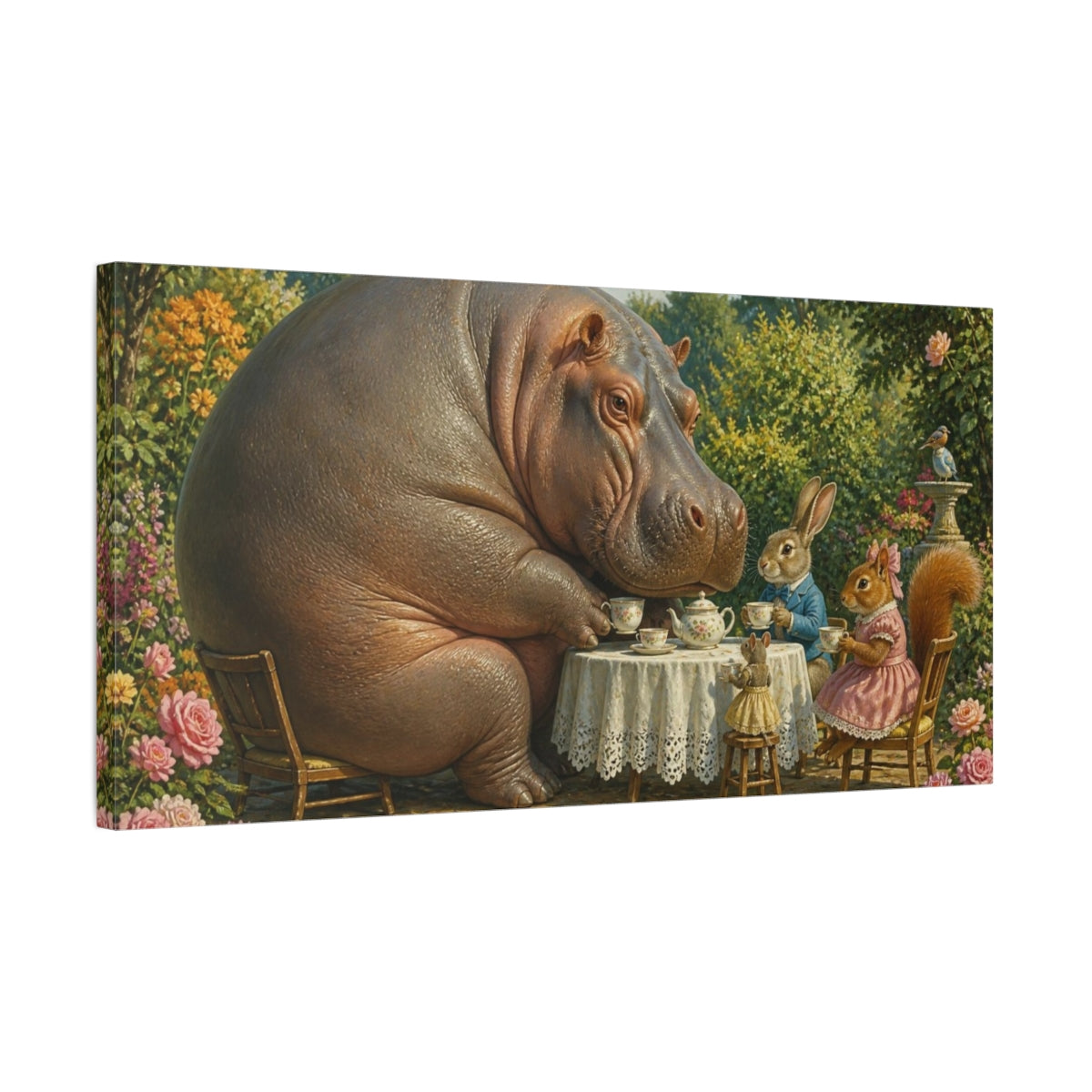 Side Mockup 1. Funny Hippo Tea Party shown as canvas print