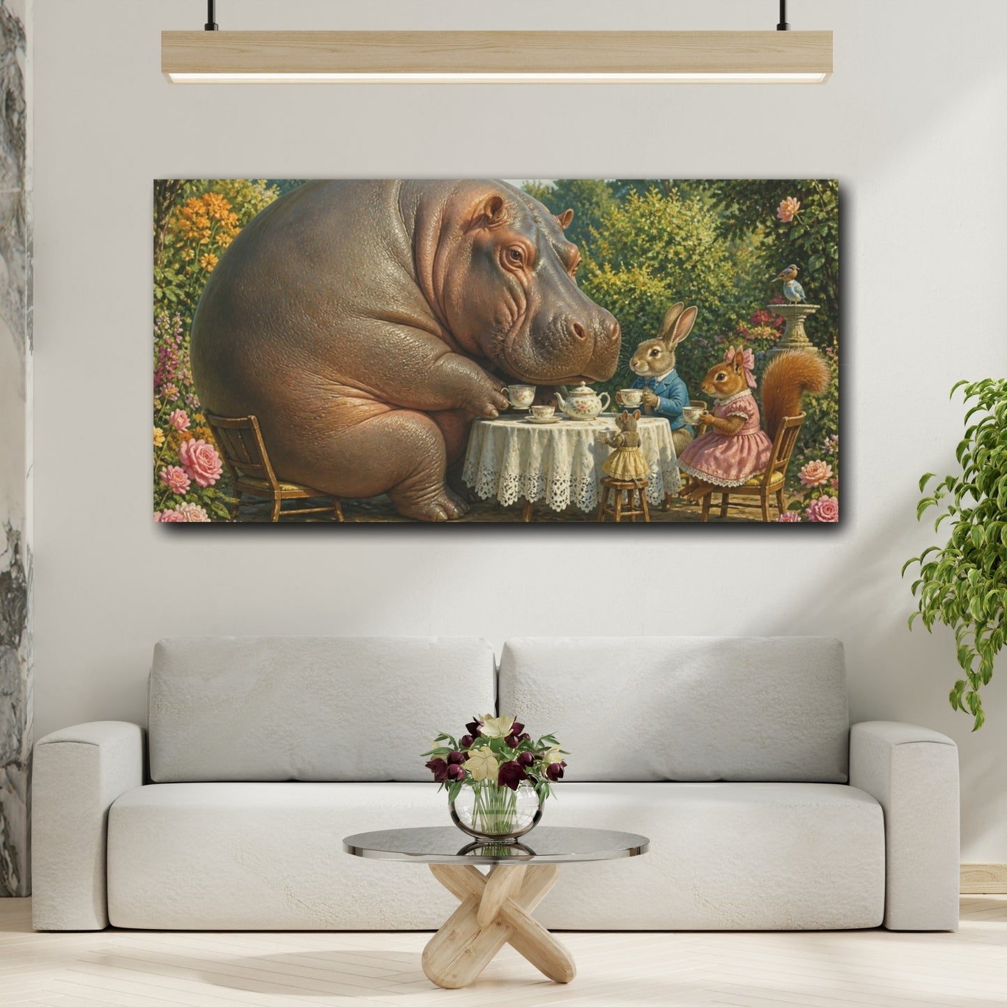 Mockup 2. Funny Hippo Tea Party shown as canvas print
