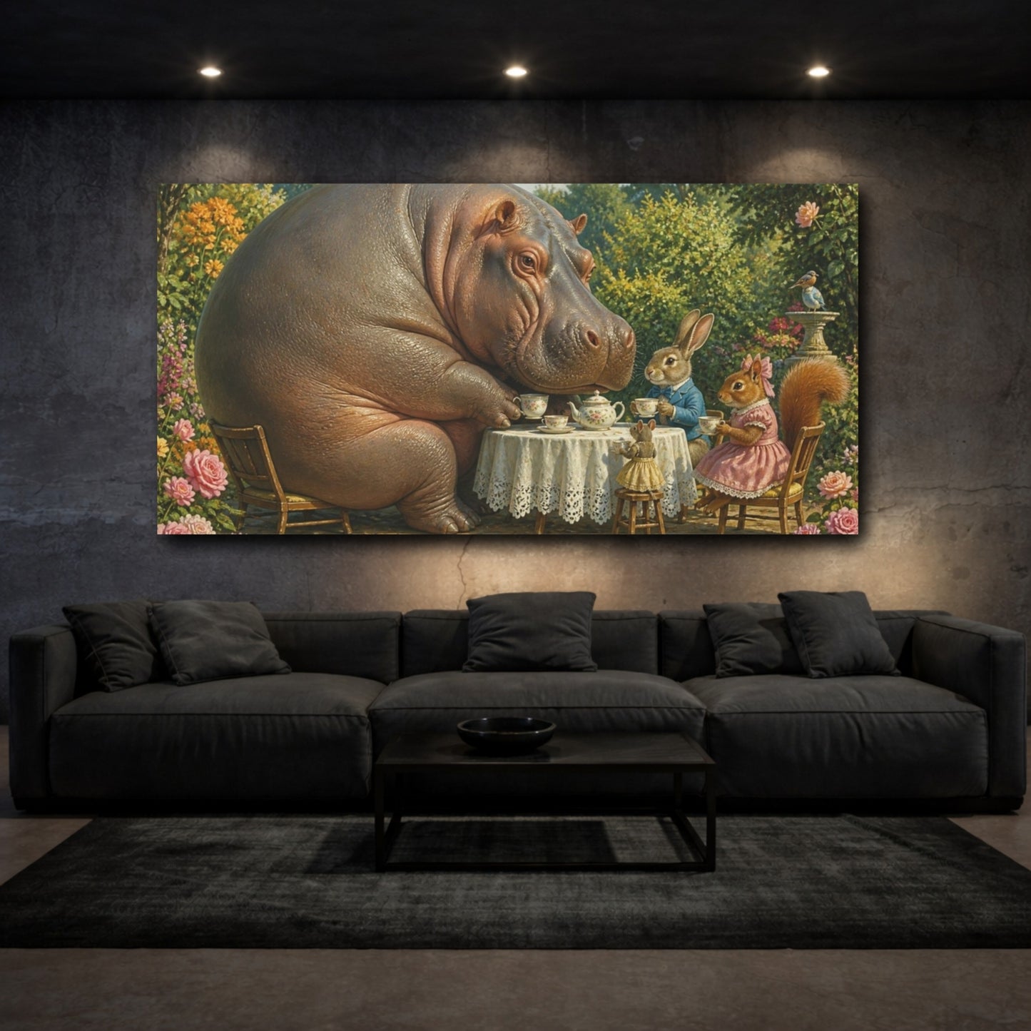 Mockup 3. Funny Hippo Tea Party shown as canvas print