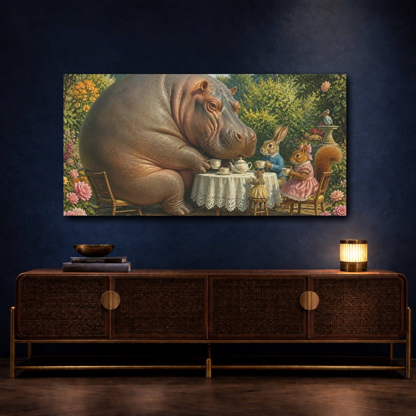 Mockup 4. Funny Hippo Tea Party shown as canvas print
