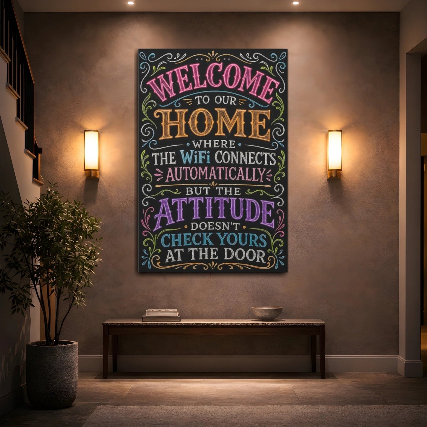 Funny Home Welcome Colorful Chalkboard Canvas Wall Art Print – Entryway Decor, Main - YesArtYes