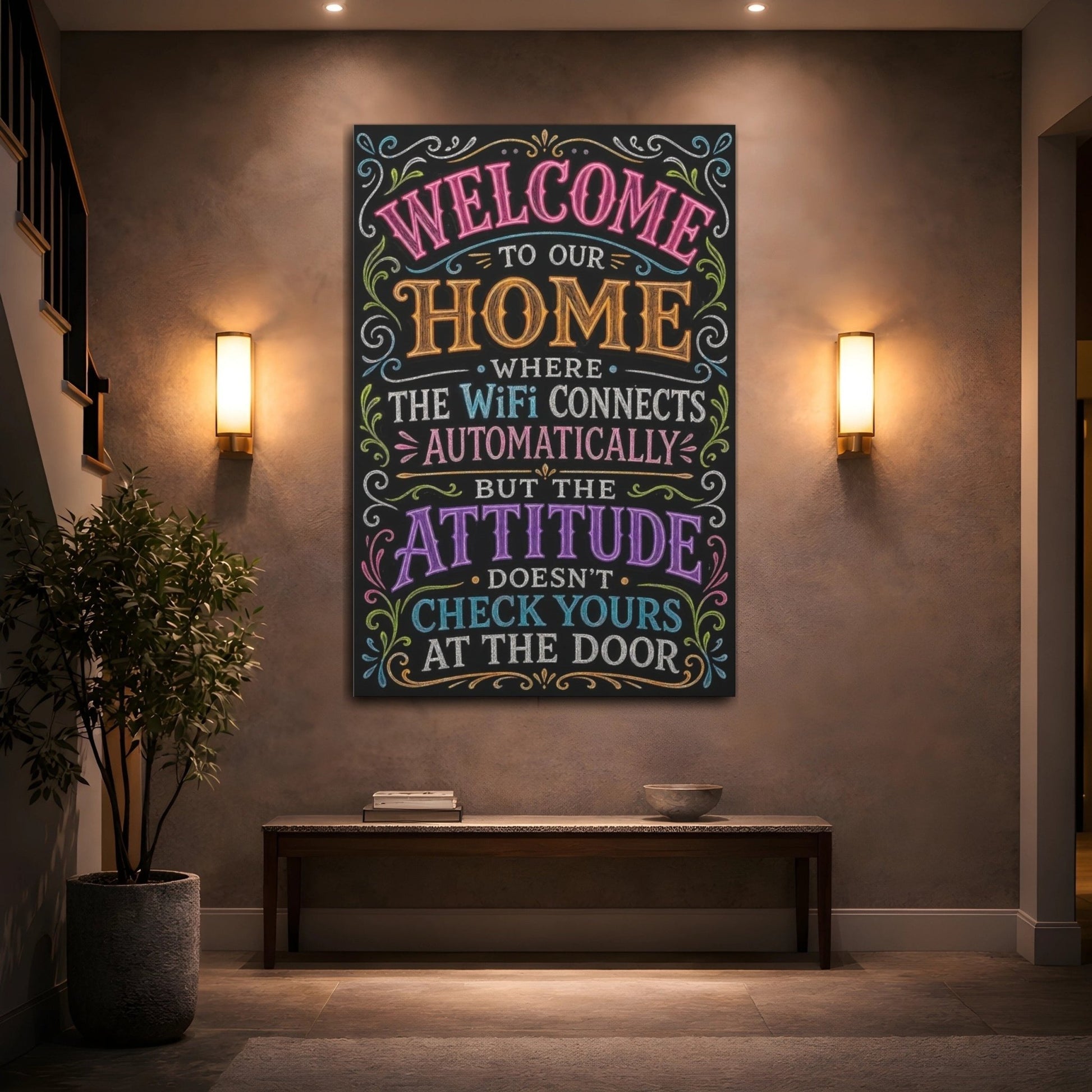 Funny Home Welcome Colorful Chalkboard Canvas Wall Art Print – Entryway Decor, Main - YesArtYes
