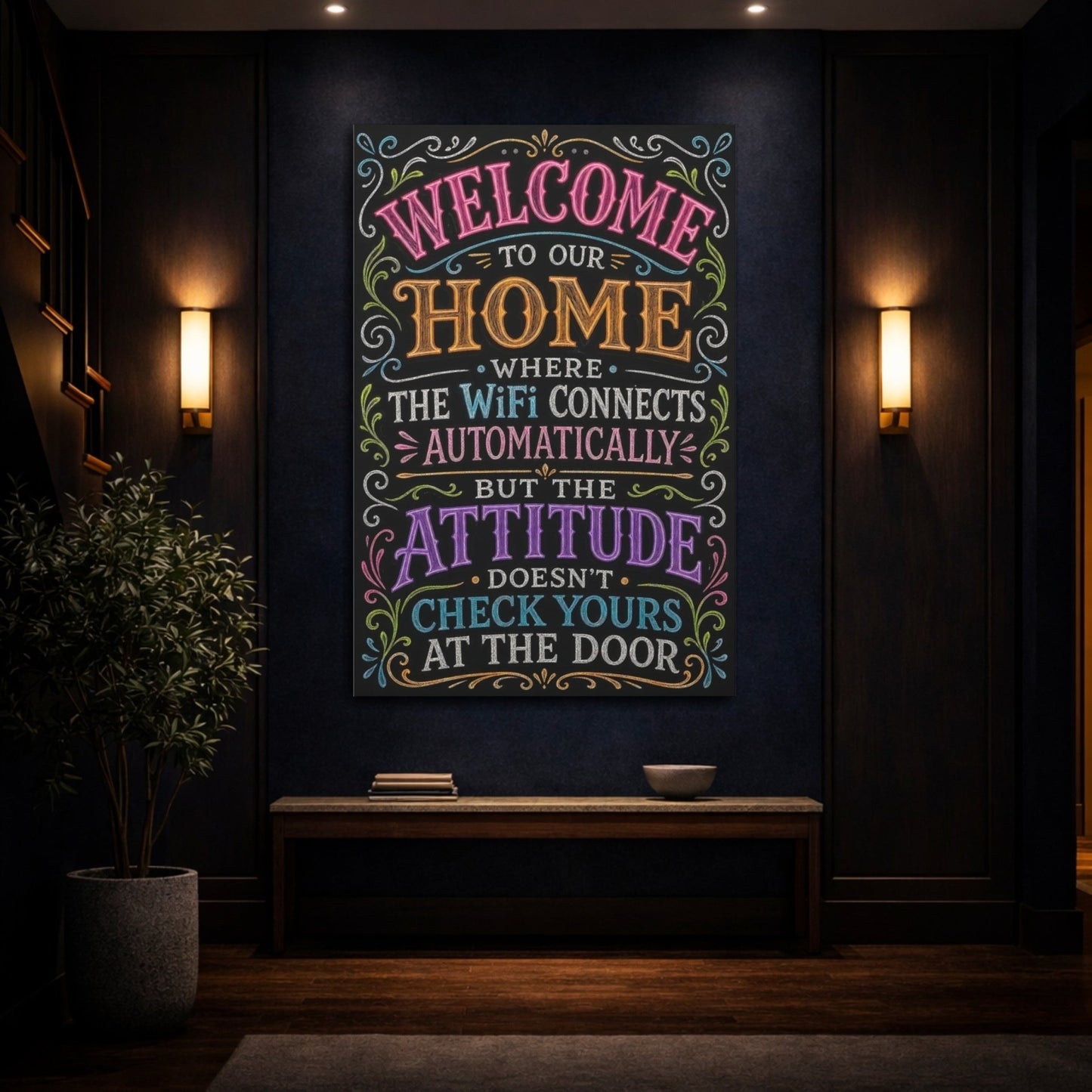Funny Home Welcome Colorful Chalkboard Canvas Wall Art Print – Entryway Decor, Main - YesArtYes