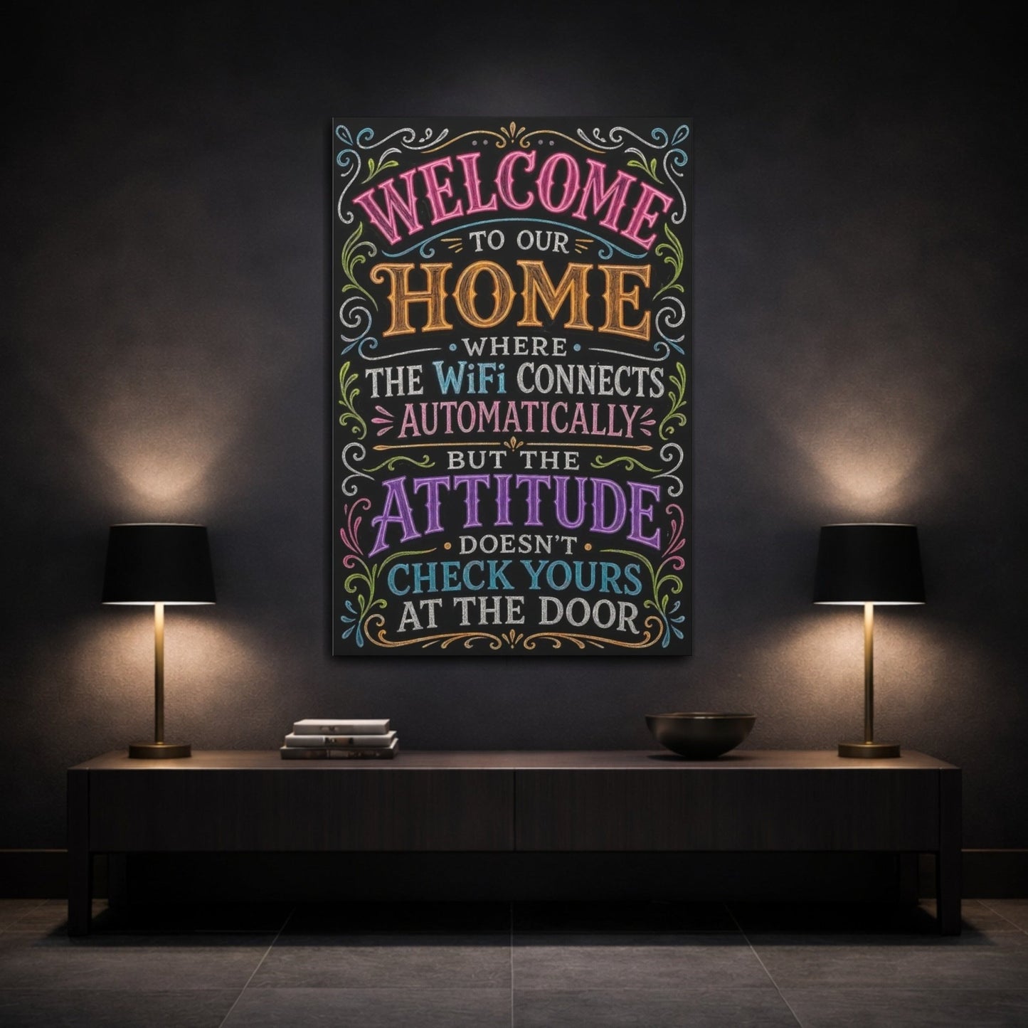 Funny Home Welcome Colorful Chalkboard Canvas Wall Art Print – Entryway Decor, Main - YesArtYes