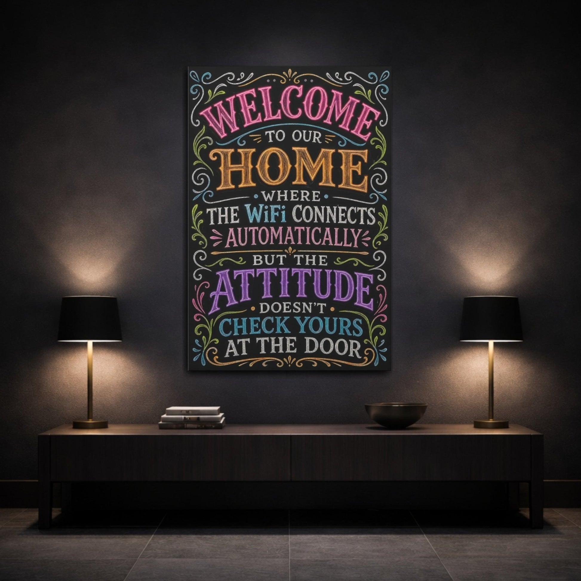 Funny Home Welcome Colorful Chalkboard Canvas Wall Art Print – Entryway Decor, Main - YesArtYes