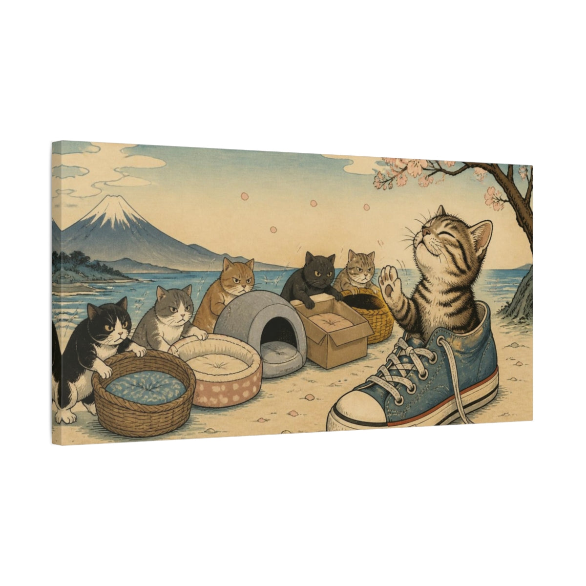 Side Mockup 1. Funny Kitten In Sneaker shown as canvas print