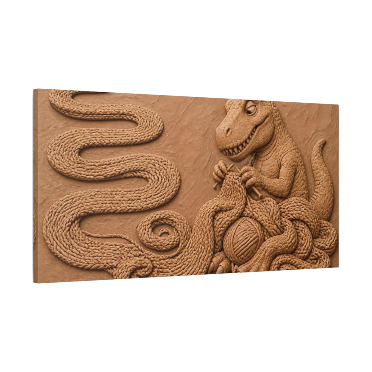 Main Mockup. Funny Knitting Tyrannosaur shown as canvas print