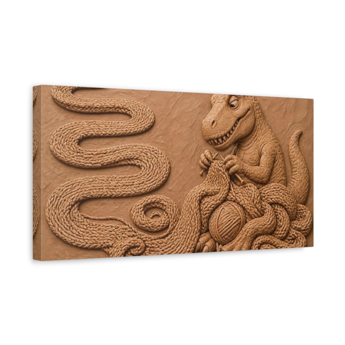Side Mockup 3. Funny Knitting Tyrannosaur shown as canvas print