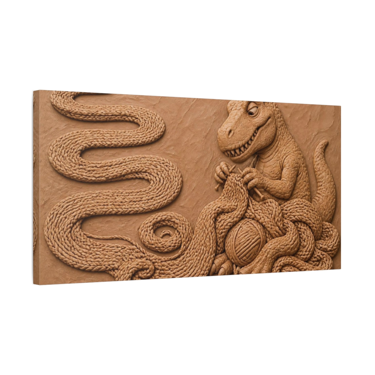 Side Mockup 1. Funny Knitting Tyrannosaur shown as canvas print