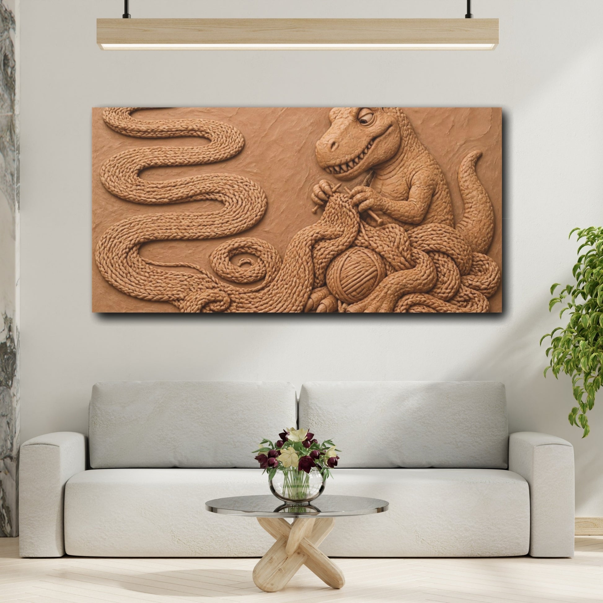 Mockup 2. Funny Knitting Tyrannosaur shown as canvas print