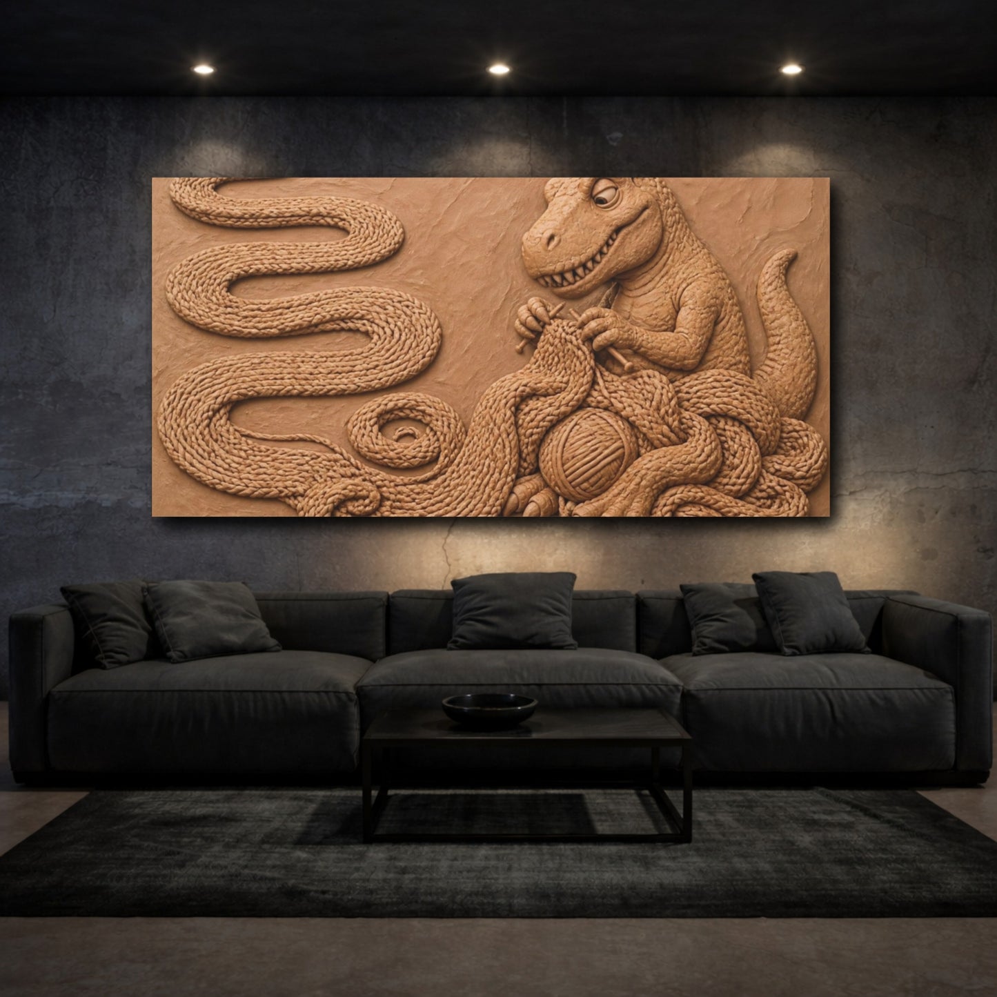 Mockup 3. Funny Knitting Tyrannosaur shown as canvas print