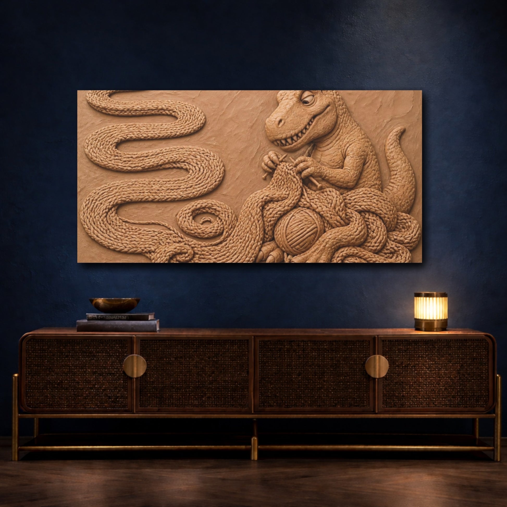Mockup 4. Funny Knitting Tyrannosaur shown as canvas print