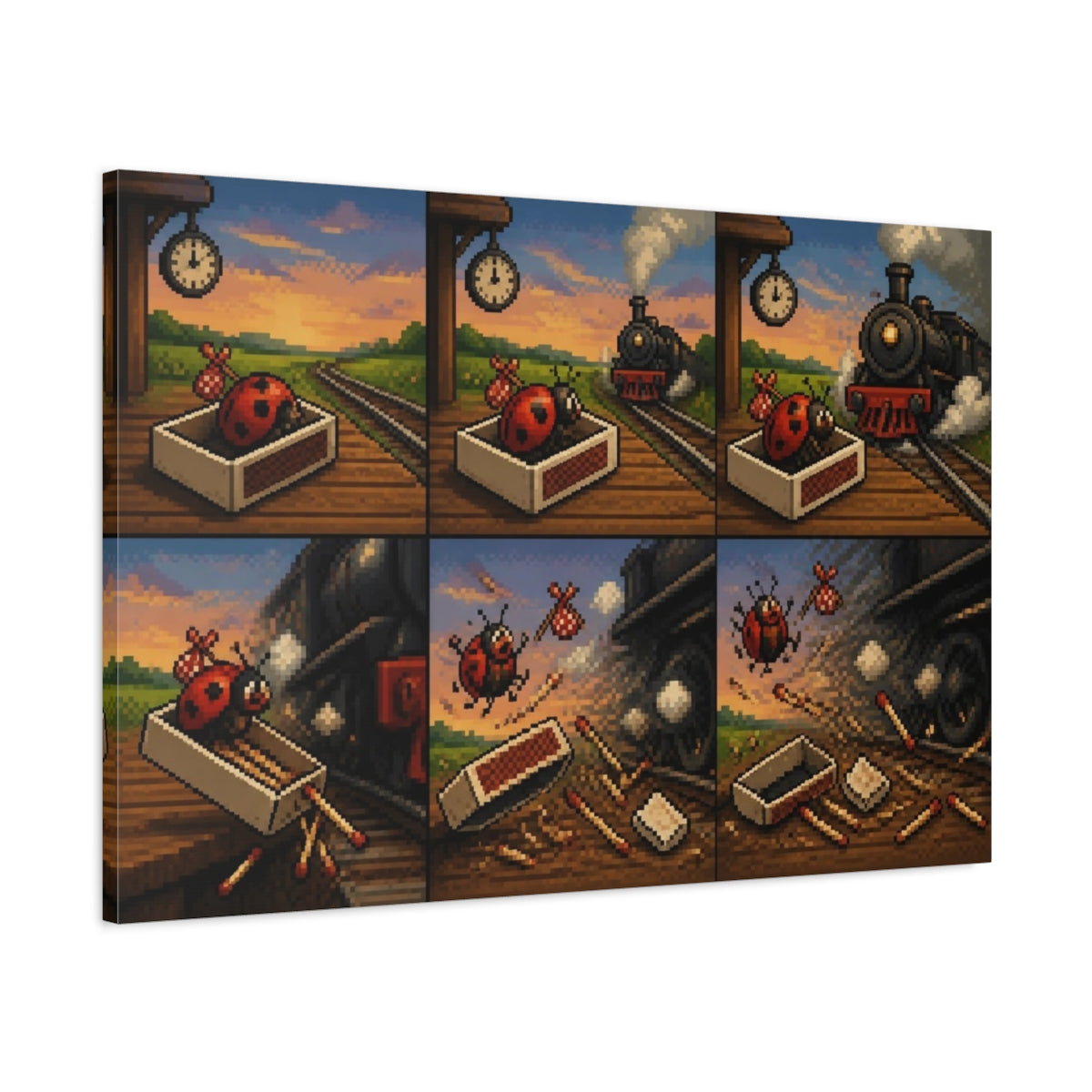 Main Mockup. Funny Ladybug Matchbox Escape shown as canvas print