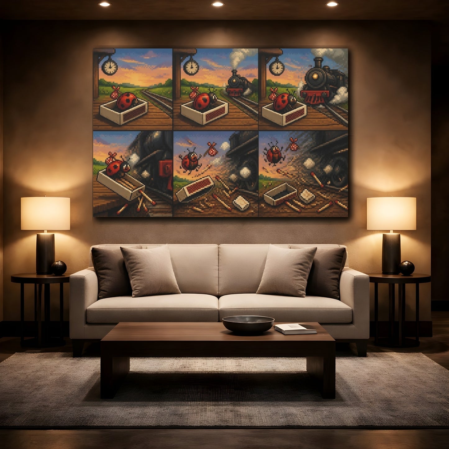 Mockup 2. Funny Ladybug Matchbox Escape shown as canvas print