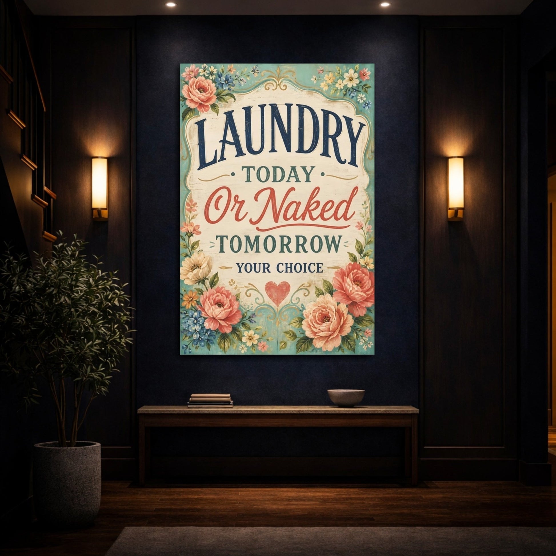 Funny Laundry Sign Floral Canvas Print – Room, Main Wall, Multi - color - YesArtYes