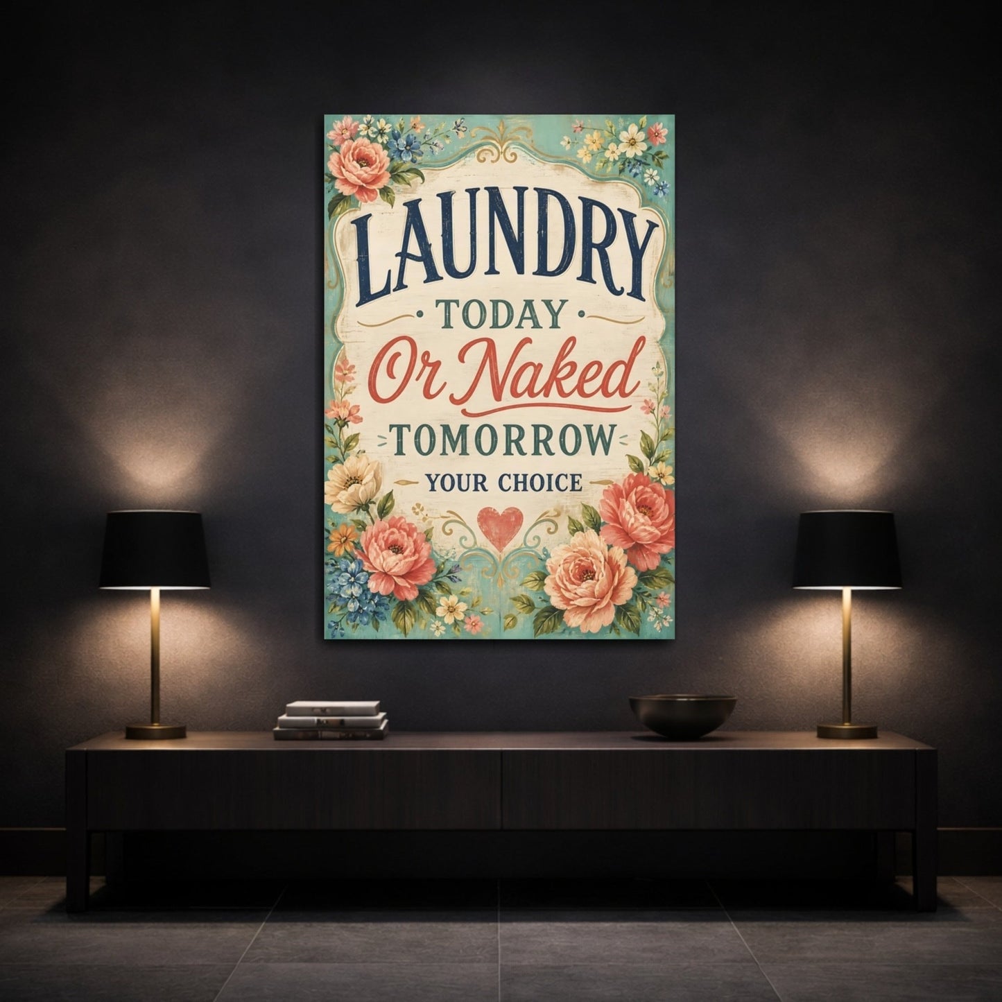 Funny Laundry Sign Floral Canvas Print – Room, Main Wall, Multi - color - YesArtYes
